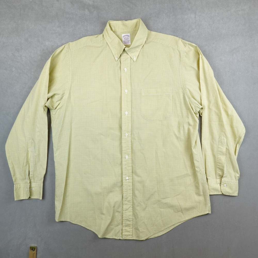 VTG Brooks Brothers Makers Shirt Mens 16.5 5 Yellow Plaid Cotton Made in USA